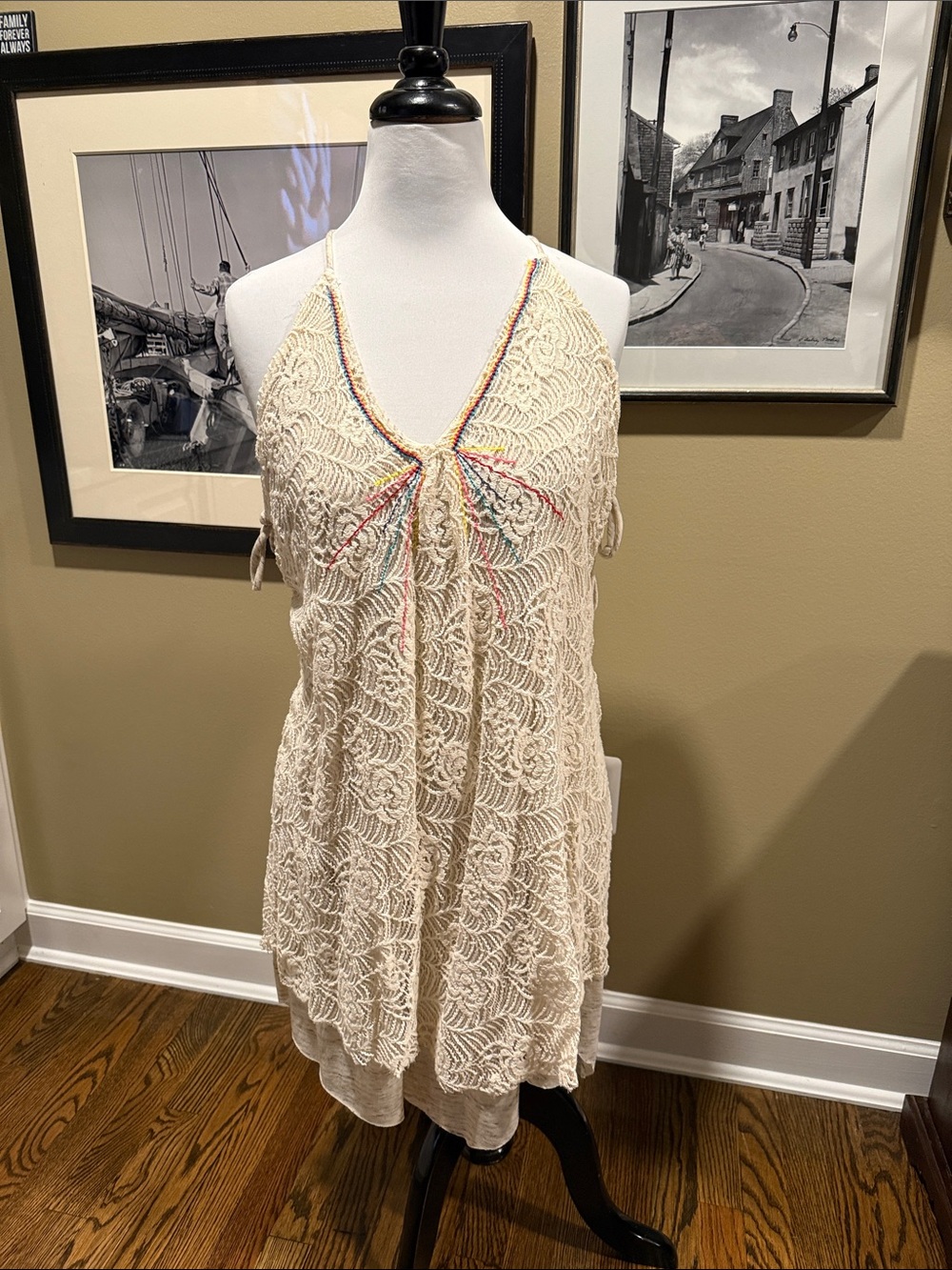 Cream Crochet High-Low Sundress with Subtle Rainbow Trim